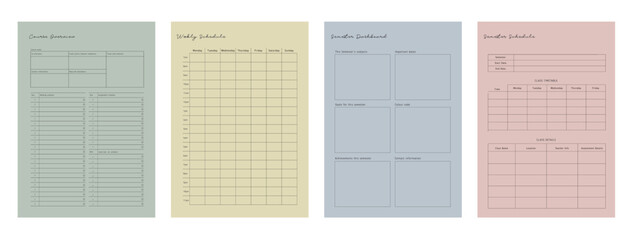 4 set of Semester, Course Overview, weekly schedule Planner. Minimalist planner template set. Vector illustration.	