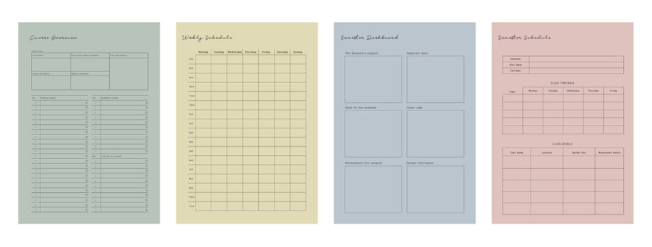 4 set of Semester, Course Overview, weekly schedule Planner. Minimalist planner template set. Vector illustration.	