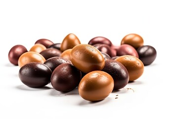 Obraz premium colorful heap of chocolate Easter eggs on a simple white background. Generative AI