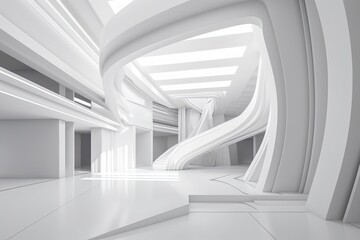 Spacious White Room with a Striking Spiral Staircase. Generative AI