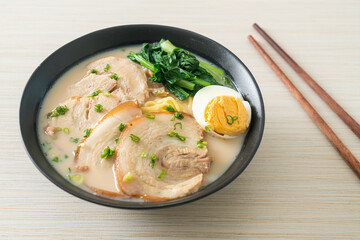 Ramen noodles in pork bone soup with roast pork and egg
