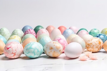 Fototapeta premium row of marbled eggs on a white background. Generative AI