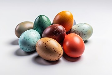 Obraz na płótnie Canvas colorful Easter eggs arranged in a pile on a white background. Generative AI