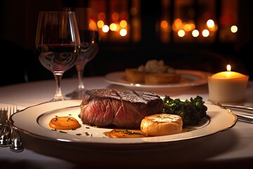 A perfectly cooked and juicy steak is elegantly presented on a plate illuminated by candlelight in a fancy dinner setting. This dish promises a delicious and luxurious dining experience, generative ai