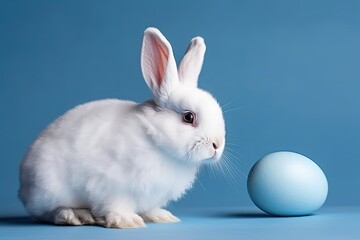 white rabbit sitting next to a blue egg in a grassy field. Generative AI