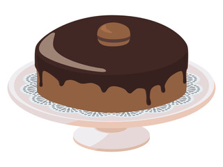 ケーキスタンドに乗せたチョコレートソースがけスポンジケーキ　マカロンのせ
