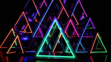 Futuristic neon triangles in mesmerizing designs create a vibrant and dynamic background. Sharp edges and vivid colors draw the eye and add an edgy touch to any digital space or project, generative ai