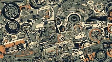 A visually captivating wallpaper featuring a collage of car parts, designed to add a dynamic and edgy feel to any device or room, generative ai