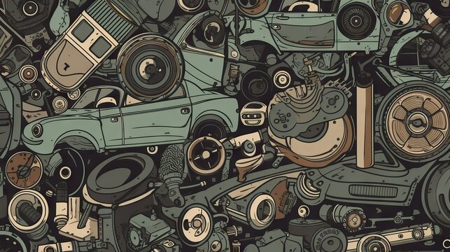 A visually captivating wallpaper featuring a collage of car parts, designed to add a dynamic and edgy feel to any device or room, generative ai