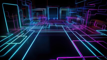 A mesmerizing neon light maze, featuring a variety of colors and patterns that create an otherworldly atmosphere. The maze is full of twists and turns, generative ai