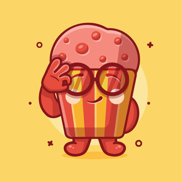 cute muffin cake character mascot with ok sign hand gesture isolated cartoon in flat style design 