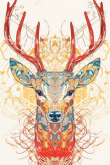 Colorful artistic abstract deer buck art. Tattoo line drawing of wildlife portrait.