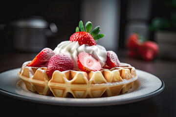 A delicious sweet Belgian waffle with whip cream and strawberries