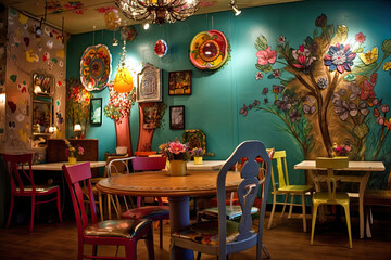 Interior of restaurant with pastel walls and quirky colorful decor and furniture