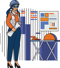 Female engineer supervising construction work illustration in doodle style