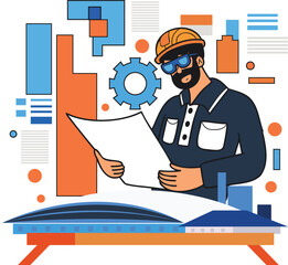 Male engineer creating blueprints and plans illustration in doodle style