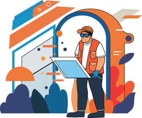 Male engineer creating blueprints and plans illustration in doodle style