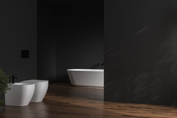 Obraz na płótnie Canvas Blank black wall for mock up of bathroom cabinet, in modern bathroom, bathtub, toilet, bidet, parquet floor, city view from window. 3d rendering