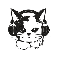 cat in headphones digital art ,hand drawn illustration