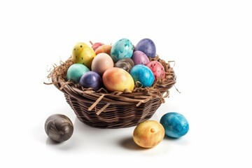Fototapeta na wymiar colorful Easter egg basket overflowing with eggs. Generative AI