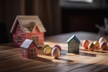 wooden table with miniature houses and eggs as decorations. Generative AI