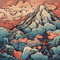 Japanese style Mountain and Castle, multicolored, generative ai