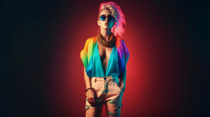 fashion woman colorful, the bold eclectic fashion styles of the Y2K era. dressed in the latest fashion trends of the time, including chunky shoes, low-rise pants, crop tops, and oversized sunglasses