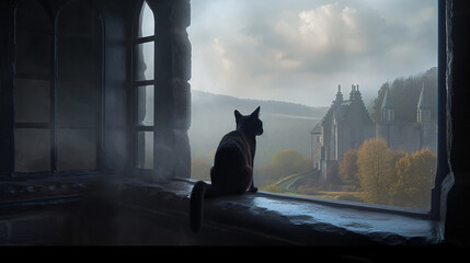 Black cat by the window looking at castle view