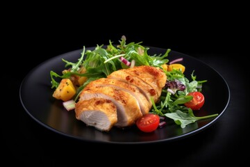 Roasted grilled chicken breast sliced fillet with fresh rocket salad on black plate dark photo