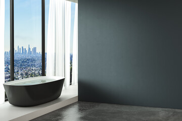 Blank dark blue wall for mock up of bathroom cabinet, in modern bathroom, bathtub, concrete floor, city view from window. 3d rendering