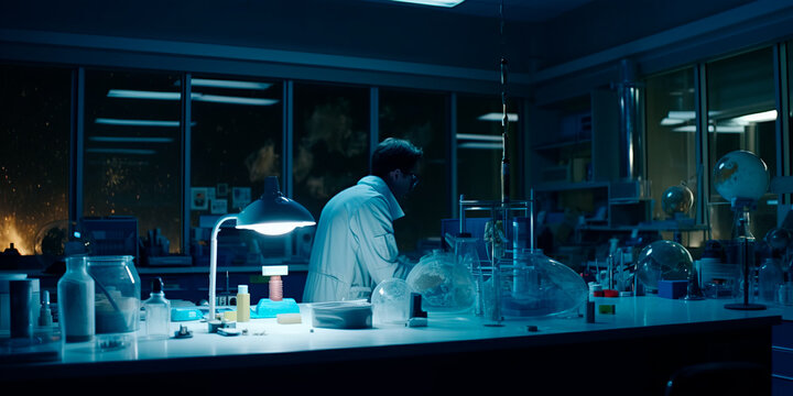 cientist making chemistry experiments in a lab on a research space installation on the moon