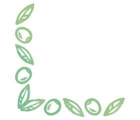 オリーブの実と葉を使った、フレーム用のコーナ。水彩風、ベクター素材。