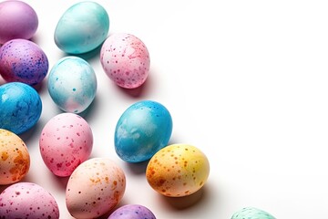 Naklejka na ściany i meble colorful speckled eggs arranged on a clean white background. Generative AI
