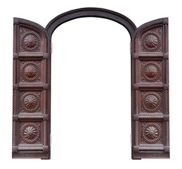 Open doors of a wooden gate with patterns, on a transparent background. isolated object. Element for design