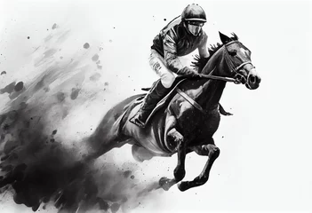 Foto auf Alu-Dibond Racing horse with jockey. Equestrian sport. Illustration of ink paints. Generative AI. © junghc1