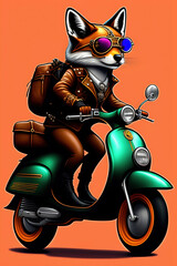 A steampunk fox fursona with boots, sitting on a Vespa moped with sunglasses, Generative AI