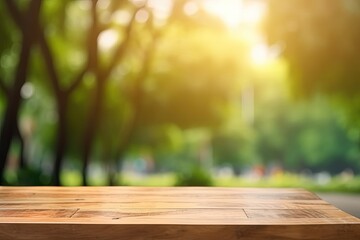 wooden table top with a blurry background for use in design projects. Generative AI