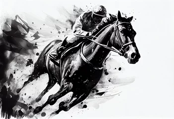 Fotobehang Racing horse with jockey. Equestrian sport. Illustration of ink paints. Generative AI. © junghc1