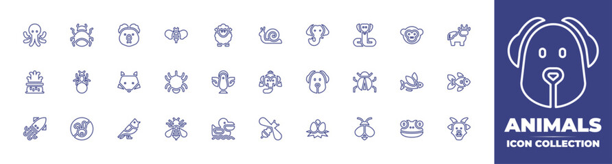 Animals line icon collection. Editable stroke. Vector illustration. Containing octopus, spider, koala, bee, sheep, snail, elephant, snake, monkey, cow, coral, ant, fox, dove, dog, ladybug, and more.