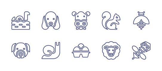 Animals line icon set. Editable stroke. Vector illustration. Containing animals, cocker spaniel, hippopotamus, squirrel, bee, dog, snail, animal, sheep.