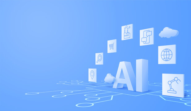 3D artificial intelligence with circuit electric background. Digital futuristic big data visualization and machine learning. vector banner art illustration.