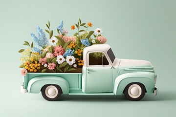 Pickup truck with flowers in the background