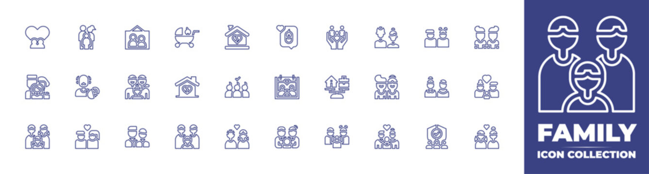 Family Line Icon Collection. Editable Stroke. Vector Illustration. Containing Couple, Family, Picture, Child, Broken Heart, Birth, Parents, Brothers, Grandfather, Home, Balance, And More.