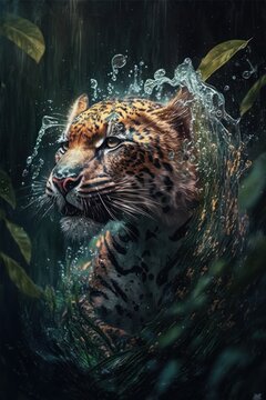 Tiger jumps from behind a tree in the river. Water ripples and green leaves spread out. Hungry tiger hunting for prey. Suit for wallpaper, wildlife. Generative AI.