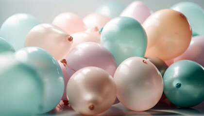 Birthday Balloons in Soft Pastel Colors Against a Dreamy White Background, Lit by Natural Light. Captured with a Macro Lens. - Generative AI