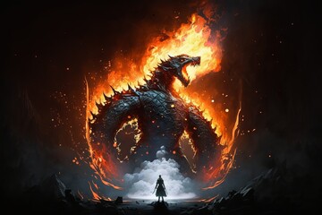 Red giant dragon spits fire on dark background