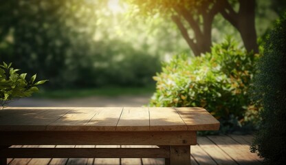 Naklejka premium Empty wooden table in natural green garden outdoor. Product placement with sunday light, Generate Ai