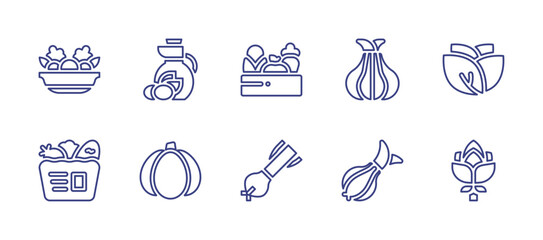 Vegetables line icon set. Editable stroke. Vector illustration. Containing salad, olive oil, vegetables, onion, lettuce, grocery, pumpkin, spring onion, artichoke.