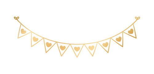 Golden Flags with Heart Pattern. Festive Birthday, Valentines Party celebration. Hanging buntings garlands vector illustration