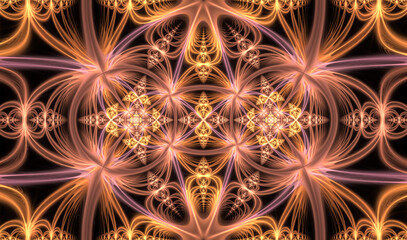 Abstract symmetrical fractal art of infinite glowing light rays.